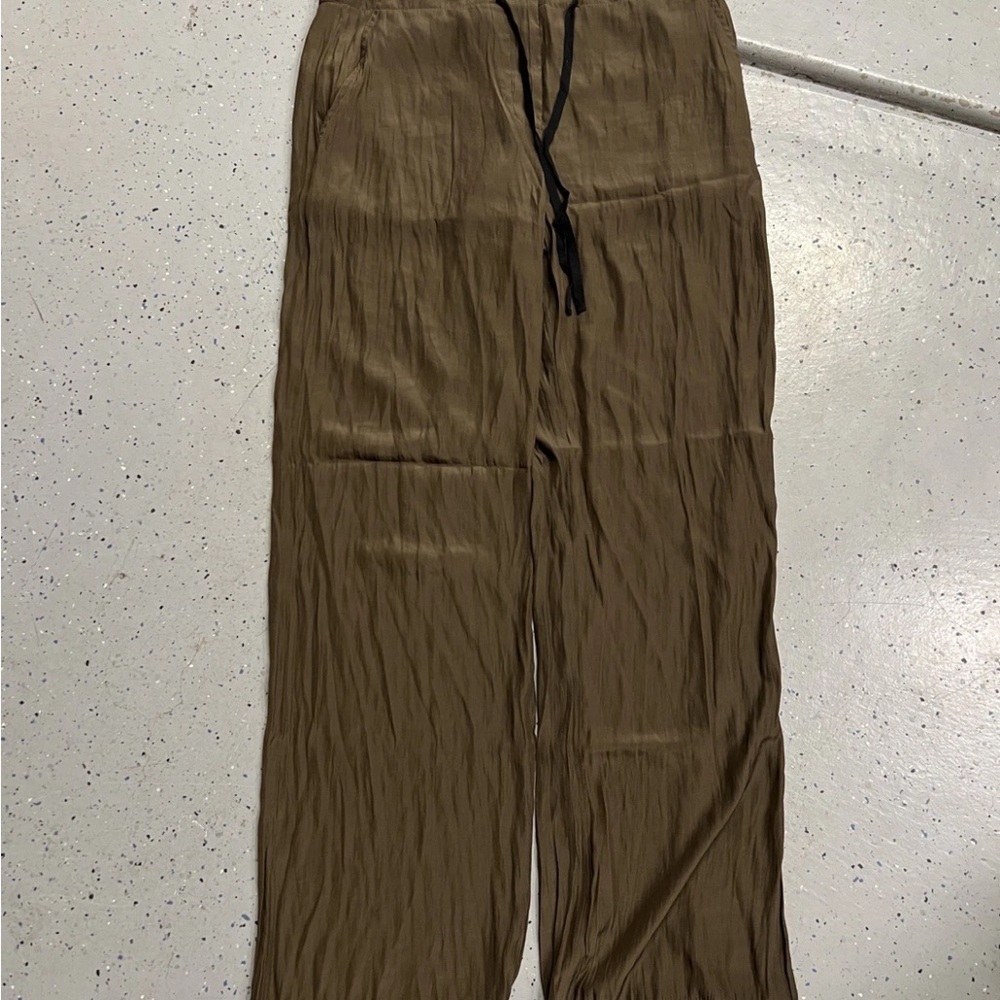 Raquel Allegra Olive Green Cotton Pants Sz 2 Satin Elastic Waist Pocket